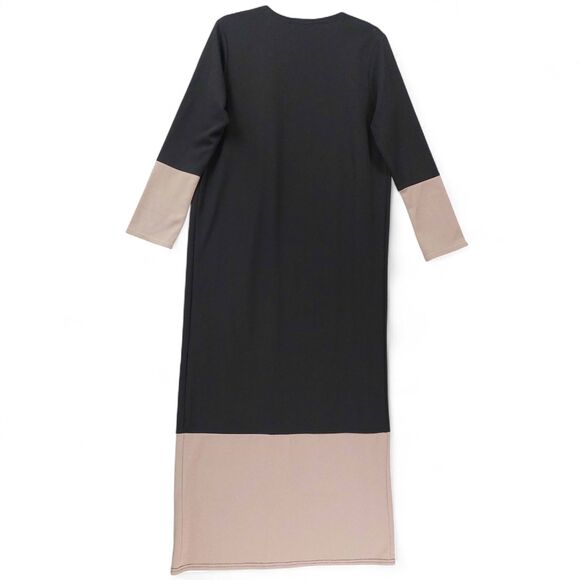 Boohoo Womens Medium Long Duster Cardigan Black Taupe Colorblock Open Front Maxi - Picture 2 of 9